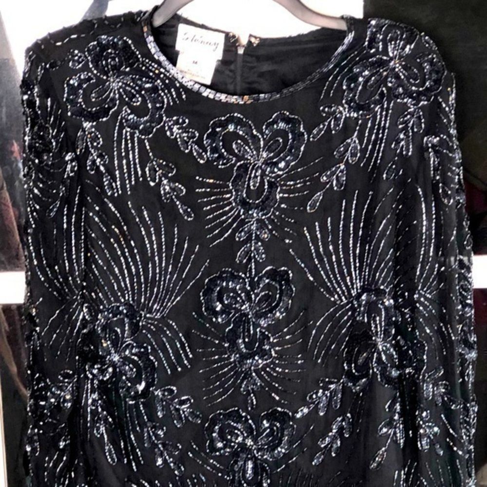 Black beaded vintage Stenay silk blouse size M